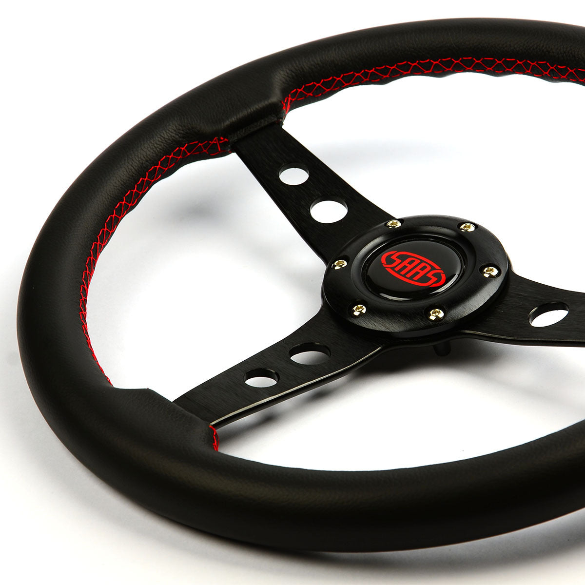 Steering Wheel - Leather 14" ADR Retro Black Spokes, Red Stitching - SAAS