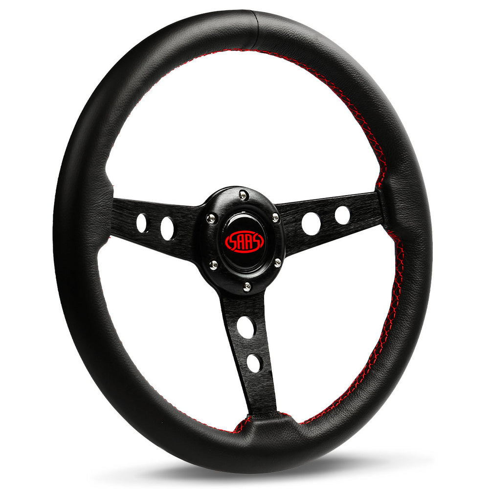 Steering Wheel - Leather 14" ADR Retro Black Spokes, Red Stitching - SAAS